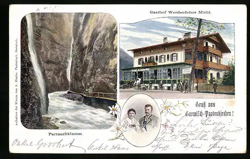 AK Garmisch-Partenkirchen, Gasthof Werdenfelser Michl, Wirt und Frau, Partnachklamm