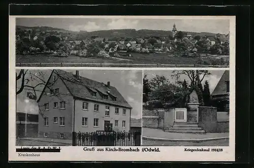 AK Kirch-Brombach i. Odwld., Teilansicht, Krankenhaus, Kriegerdenkmal 1914-18