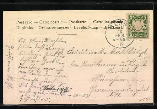 Passepartout-Lithographie Glonn, Teilansicht mit Kirche, Wappen