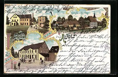 Lithographie Altöls, Schule und Kirche, Restaurant zur Post