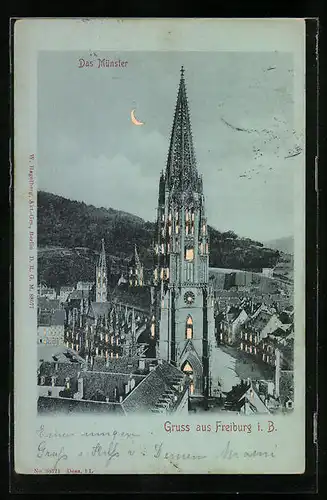 Mondschein-AK Freiburg i. B., Münster, Halt gegen das Licht mit leuchtenden Fenstern und Mond
