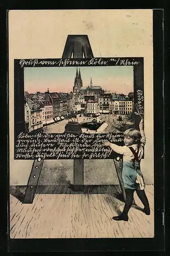 Schultafel-AK Köln, Totalansicht mit Dom, Grusskarte