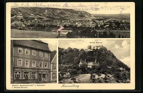 AK Hammelburg, Totalansicht mit Gasthof Bayerischer Hof und Schloss Saaleck