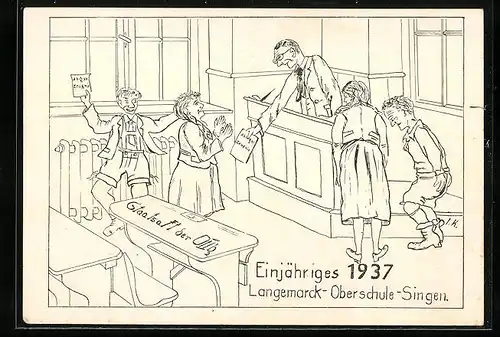 Künstler-AK Singen, Einjähriges 1937, Langemarck-Oberschule-Singen