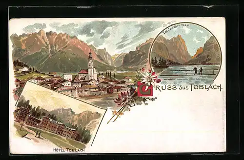 Lithographie Toblach, Ortsansicht, Hotel Toblach, Toblacher See