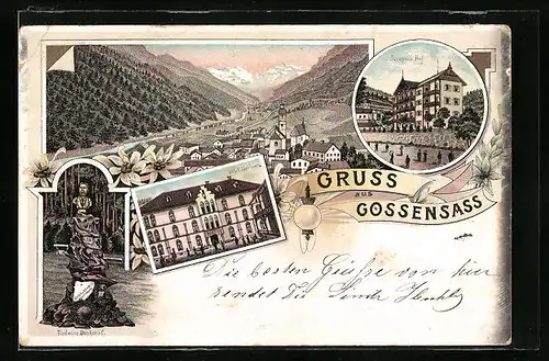 Lithographie Gossensass, Hotel Gröbner, Redwitz Denkmal, Hotel Leopoldhof