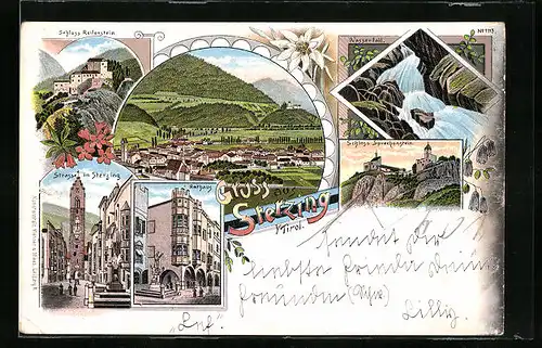 Lithographie Sterzing, Schloss Reifenstein, Strassenpartie, Rathaus, Wasserfall und Schloss Sprechenstein