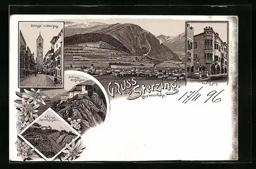 Lithographie Sterzing a. d. Brennerbahn, Strassenpartie, Schlösser Reifenstein und Sprechenstein, Rathaus