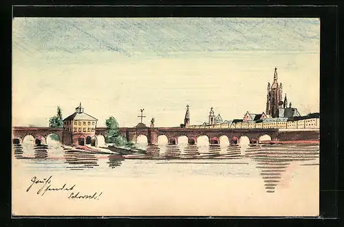 Künstler-AK Handgemalt: Frankfurt am M., Totalansicht der Mainbrücke