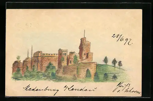 Künstler-AK Handgemalt: Eschbach, Blick zur Madenburg