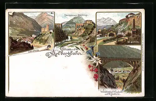 Lithographie Landeck, Arlbergbahn mit der Trisanna-Brücke, St. Anton, Waldlitobel-Viadukt mit Klösterle