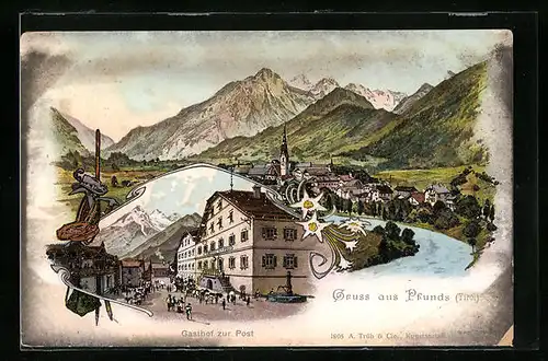 Lithographie Pfunds, Totalansicht mit Gasthof zur Post