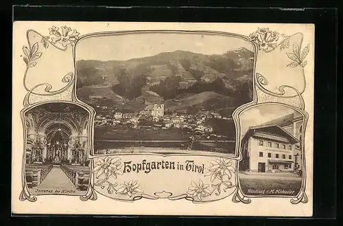 AK Hopfgarten, Wallfahrtskirche mit Innenansicht, Handlung v. M. Michaeler