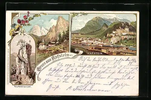 Lithographie Kufstein, Teufelskanzel, Hinterbärenbad, Totalansicht