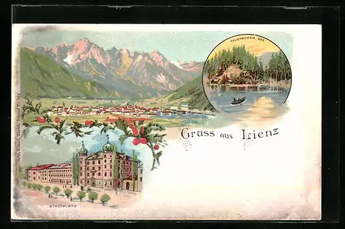 Lithographie Lienz, Totalansicht, Strassenpartie am Stadtplatz, Tristacher See