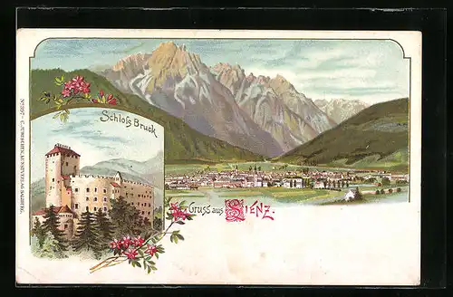 Lithographie Lienz, Totalansicht mit Schloss Bruck