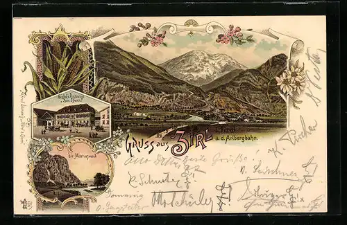 Lithographie Zirl a. d. Arlbergbahn, Totalansicht mit Gasthof Zum Löwen