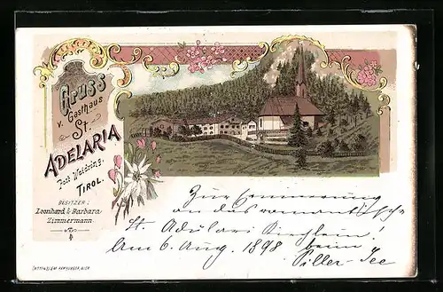 Lithographie Waidring, Ortsansicht mit Gasthaus St. Adelaria
