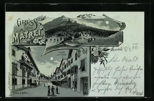Mondschein-Lithographie Matrei, Ortsansicht mit Gasthof zur Krone