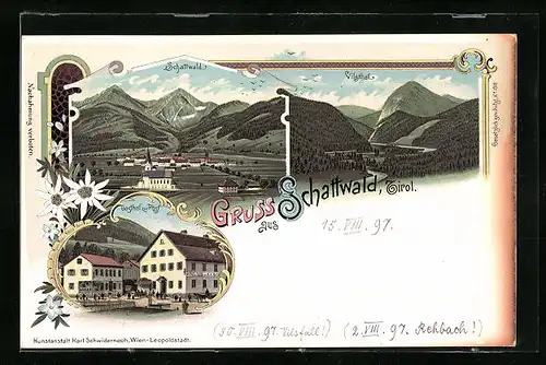 Lithographie Schattwald, Ortsansicht mit Gasthof zur Post