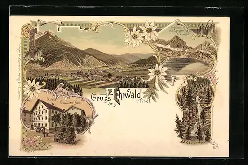 Lithographie Ehrwald, Gesamtansicht mit Gasthof Schwarzer Adler