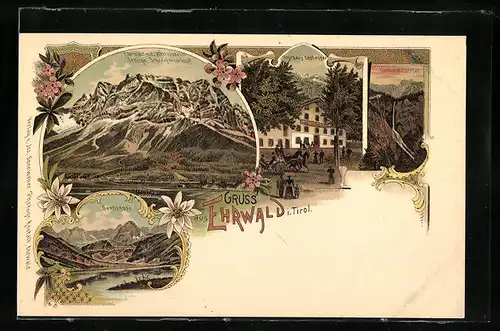 Lithographie Ehrwald, Totalansicht mit Gasthaus Seebensee