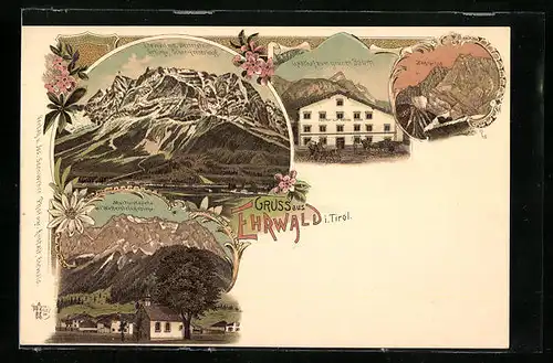 Lithographie Ehrwald, Totalansicht mit Gasthaus zum grünen Baum