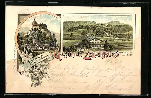 Lithographie Kufstein, Geroldseck und Gasthaus Zellerburg