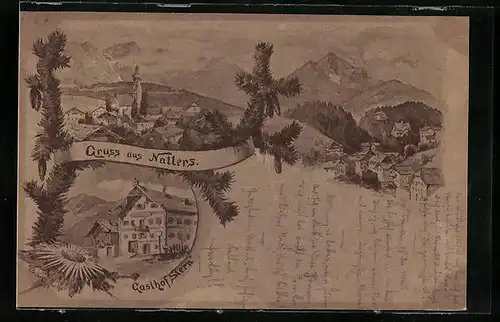 Lithographie Natters, Ortsansicht mit Gasthof Stern