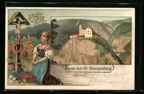 Künstler-AK St. Georgenberg, Ortsansicht mit Wegkreuz
