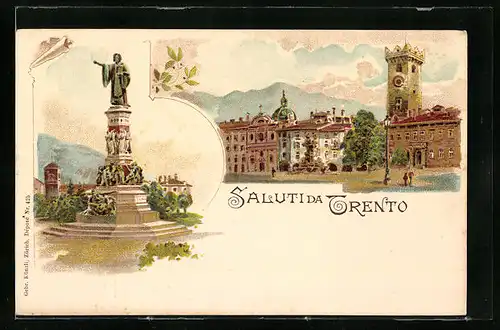 Lithographie Trento, Ortsansicht mit Denkmal