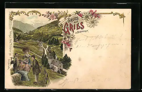 Lithographie Gries a. Brenner, Panorama mit Kirche und Ausflüglern
