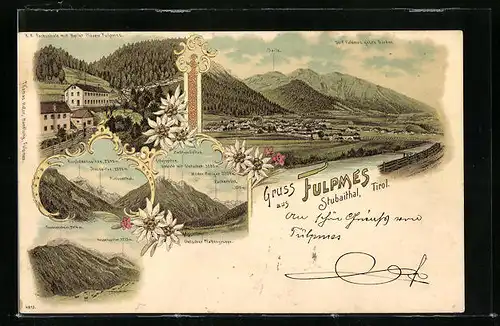 Lithographie Fulpmes /Stubaital, K. K. Fachschule mit Weiler Plöven, Kirchdachspitze mit Ilmspitze und Pinissertal