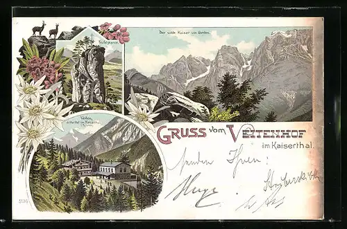 Lithographie Veiten im Kaisertal, Gasthof Veitenhof, Der wilde Kaiser von Norden, Teufelskanzel