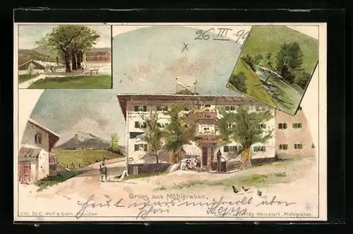 Künstler-AK Erl, Gasthaus Mühlgraben, Ortspartien