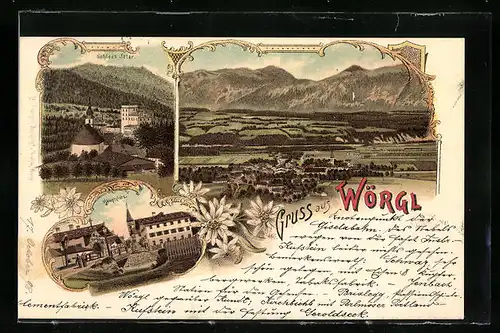 Lithographie Wörgl, Teilansicht, Schloss Itter, Hauptplatz