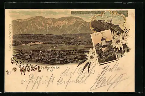 Lithographie Wörgl im Unterinntal, Teilansicht, Hohe Salve, Maria Stein