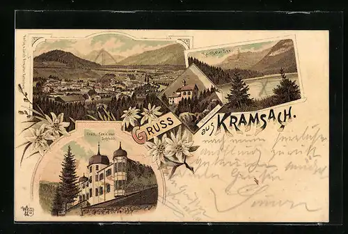 Lithographie Kramsach, Teilansicht, Gräfl. Taxis`sches Schloss, Raintaler See