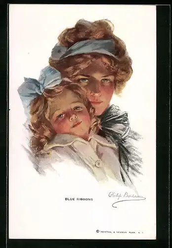 Künstler-AK Philip Boileau: Blue ribbons - Mutter und Tochter mit Haarschleifen