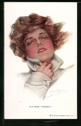 Künstler-AK Philip Boileau: Junge Dame mit Mantel im Wind