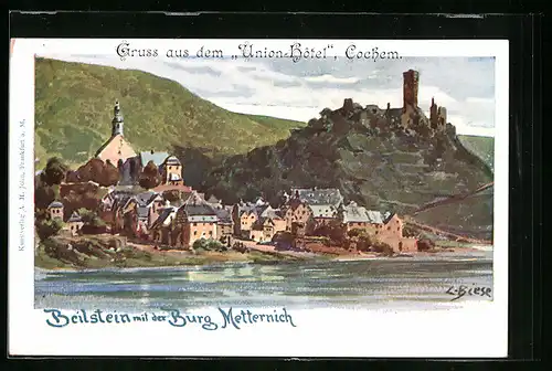 Künstler-AK Carl Biese: Beilstein, Ortsansicht mit Burg Metternich