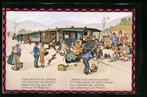 Künstler-AK Hans Boettcher: Auf de schwäbische Eisebahne, Einen Bock hat er gekauft