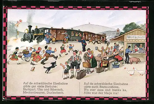 Künstler-AK Hans Boettcher: Auf de schwäbische Eisebahne gibts gar viele Statione