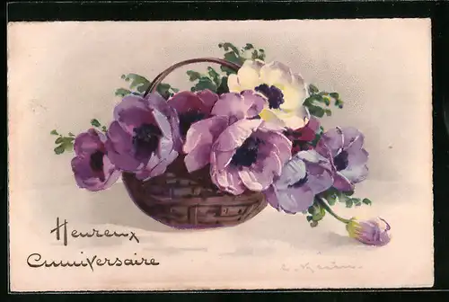 Künstler-AK Catharina Klein: Korb voller violetter Blumen