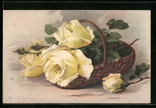 Künstler-AK Catharina Klein: ein Korb voller gelber Rosenblüten