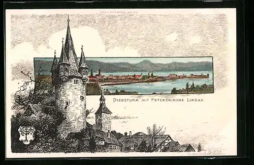 Künstler-AK Karl Mutter: Lindau, Diebsturm mit Peterskirche, Teilansicht