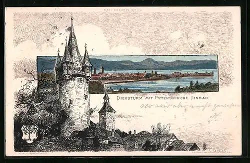 Künstler-AK Carl Biese: Lindau, Diebsturm mit Peterskirche, Teilansicht