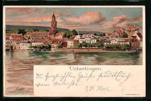 Künstler-AK Carl Biese: Ueberlingen, Ortsansicht vom Wasser aus, Kirche