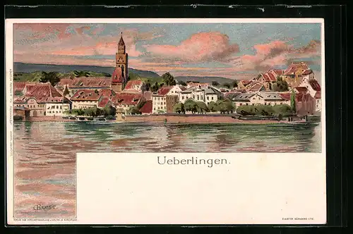Künstler-AK Carl Biese: Ueberlingen, Ortsansicht vom Wasser aus, Kirche