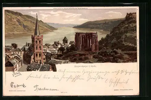Künstler-AK Carl Biese: Bacharach a. Rh., Blick über den Ort ins Rheintal